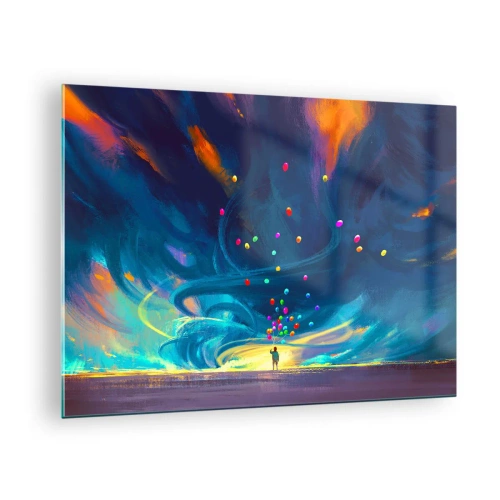 Glastavla - Bild på glas - En person som håller färgglada ballonger mot en blå vindbakgrund. - 70x50cm - Blå vind - Modern väggdekoration för vardagsrum och sovrum ARTTOR