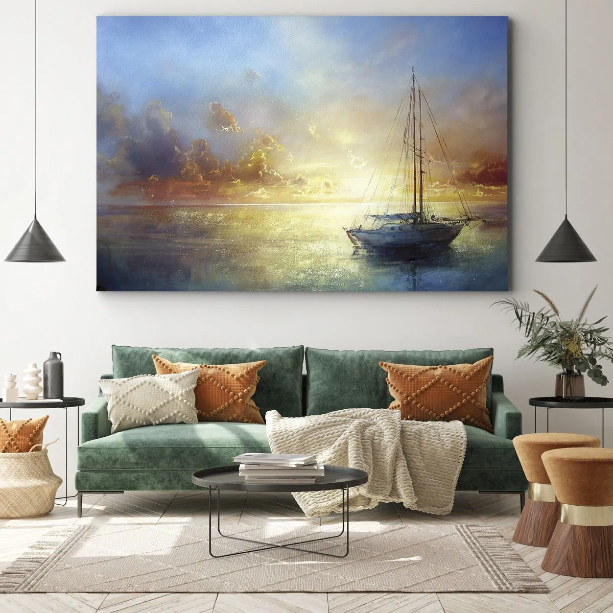 Canvastavla - Bild på duk - En yacht på ett lugnt hav vid solnedgången - 70x50cm - I guldviken - Modern väggdekoration för vardagsrum och sovrum ARTTOR