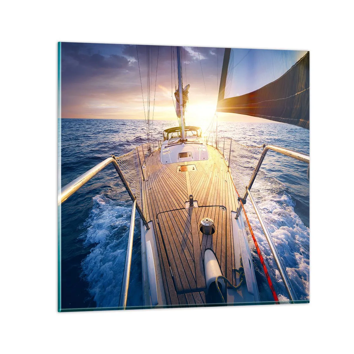 Glastavla - Bild på glas - Springa på vågorna - 70x70 cm