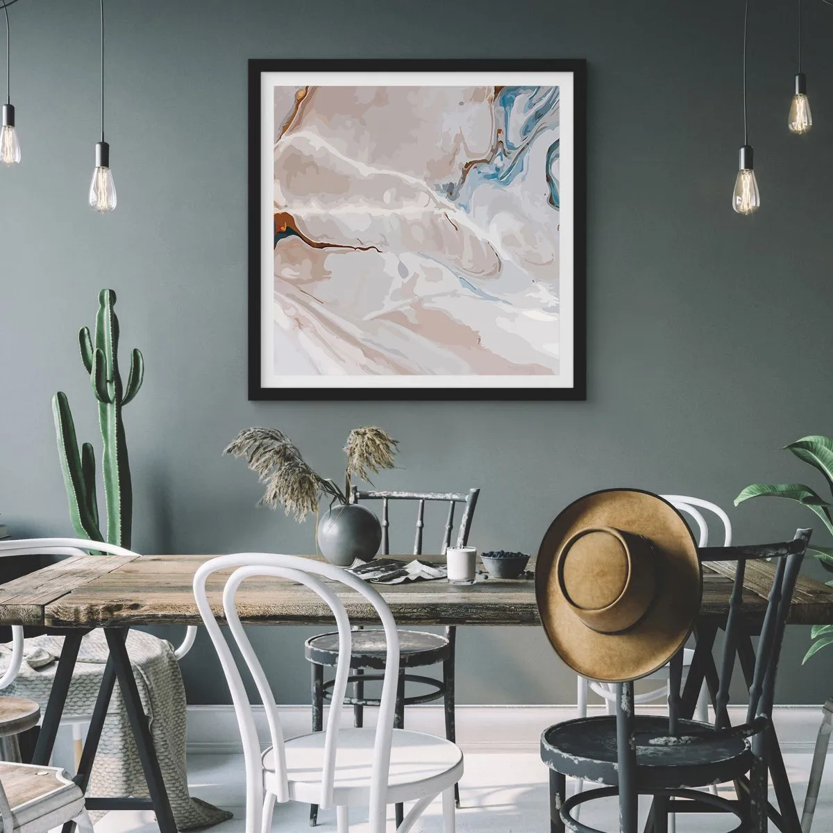 Affisch i svart ram - Blåa meanderlopp under vithet - 60x60 cm