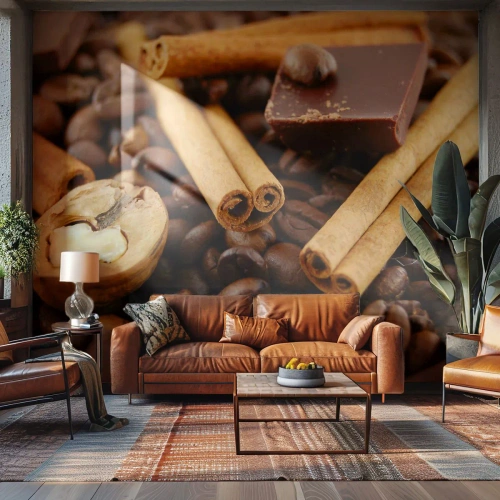 Fototapet Standard Eco - Kaffebönor, kanel, choklad och valnöt närbild - 100x70cm - Aromkonsert - Modern väggdekoration för vardagsrum och sovrum ARTTOR