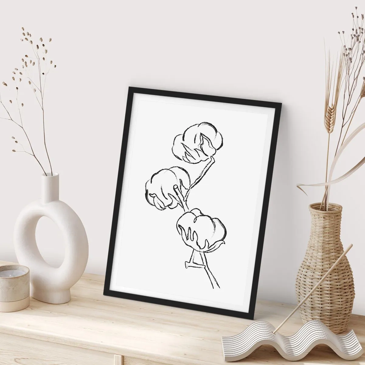 Affisch i svart ram - En minimalistisk skiss av en bomullsgren - 50x70cm - Bomullsdun - Modern väggdekoration för vardagsrum och sovrum ARTTOR