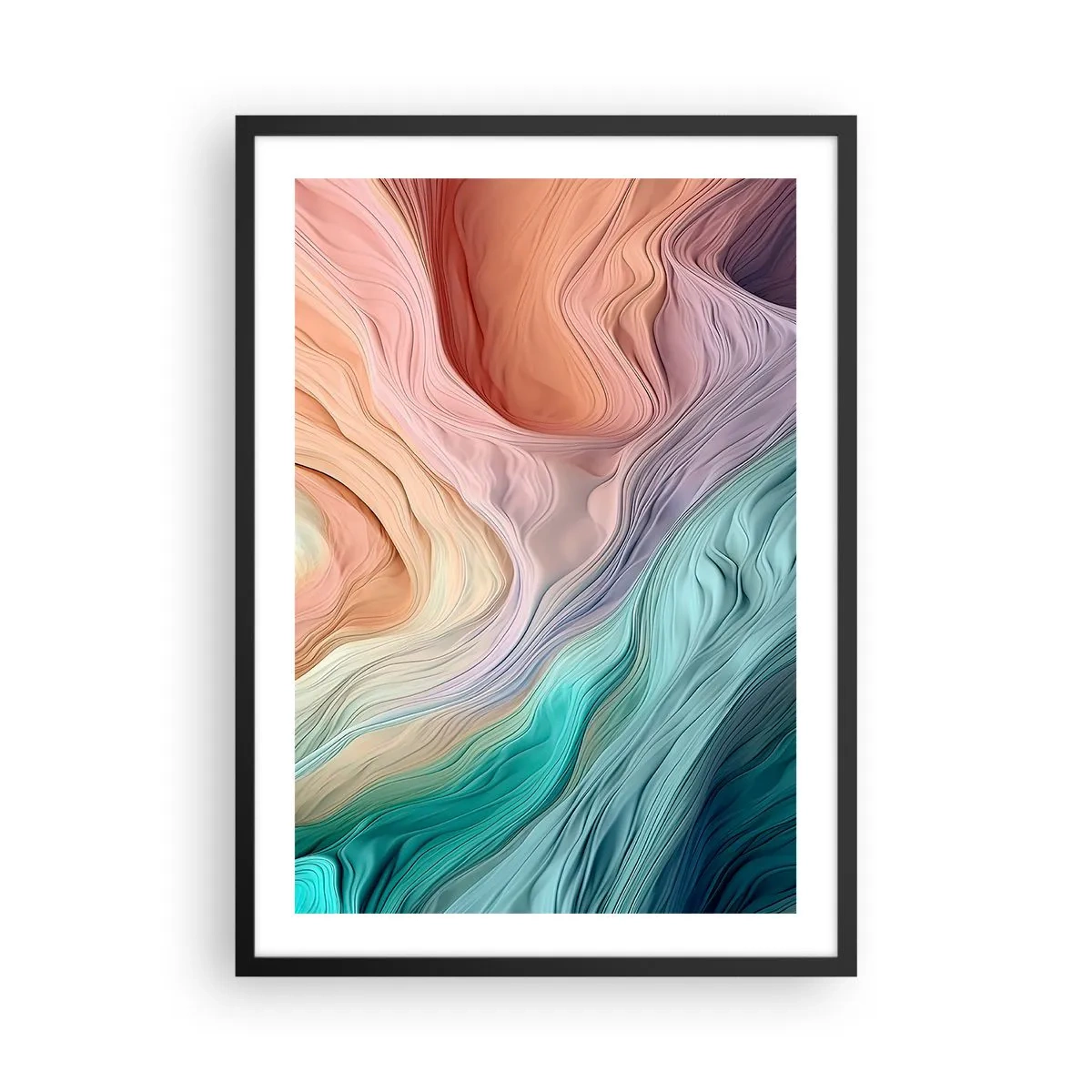 Affisch i svart ram - En abstrakt komposition av vågiga linjer i pastellfärger. - 50x70cm - Regnbågsvåg - Modern väggdekoration för vardagsrum och sovrum ARTTOR