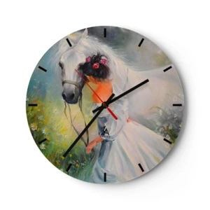 Väggklocka - Klocka på glas - En kvinna i vit klänning med en vit häst på en äng - 30x30cm - Ur en vacker dröm - Modern väggdekoration för vardagsrum, kök och sovrum ARTTOR