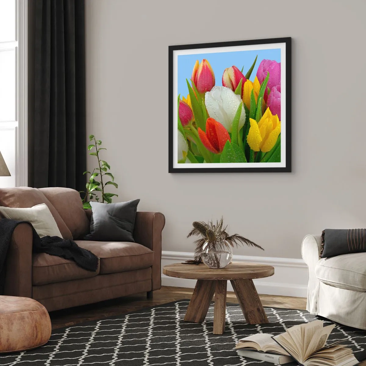 Affisch i svart ram - blommig regnbåge i daggdroppar - 40x40 cm