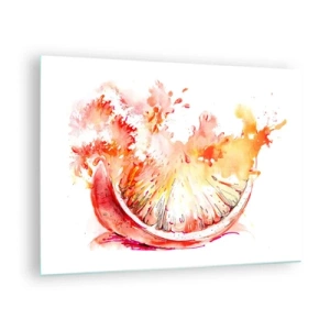 Glastavla - Bild på glas - Akvarellmålning av ett saftigt grapefruktsegment i rörelse - 70x50cm - Saftig uppfriskning - Modern väggdekoration för vardagsrum och sovrum ARTTOR