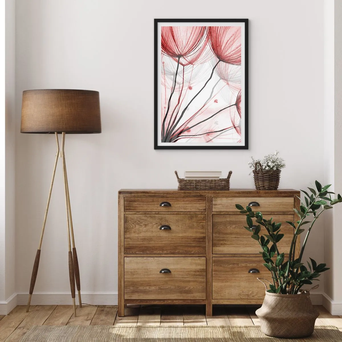 Affisch i svart ram - Fina maskrosor i nyanser av rött och svart - 50x70cm - Före avresan - Modern väggdekoration för vardagsrum och sovrum ARTTOR