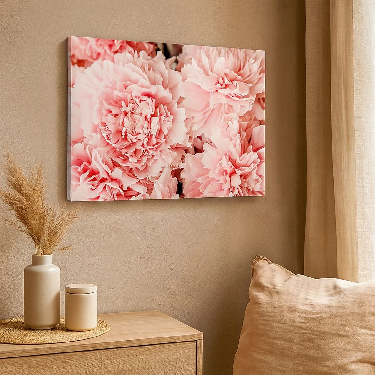 Canvastavla - Bild på duk - Subtila rosa pioner i en delikat miljö - 70x50cm - Rosa dröm - Modern väggdekoration för vardagsrum och sovrum ARTTOR