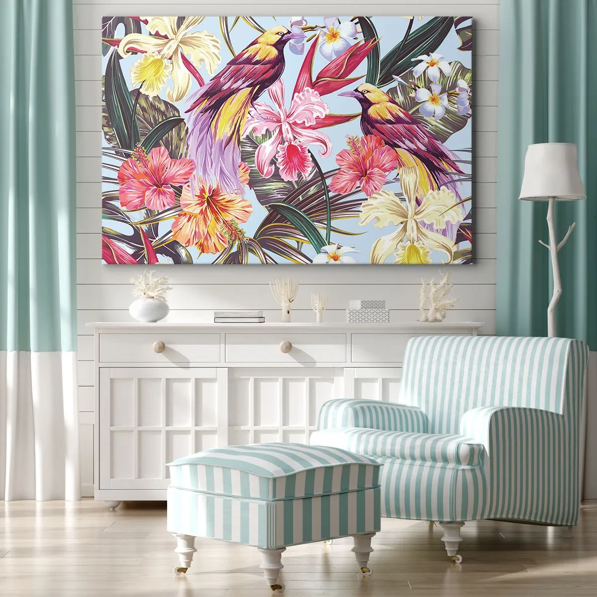 Canvastavla - Bild på duk - Exotiska fåglar bland tropiska blommor - 70x50cm - Flingor och fjädrar - Modern väggdekoration för vardagsrum och sovrum ARTTOR