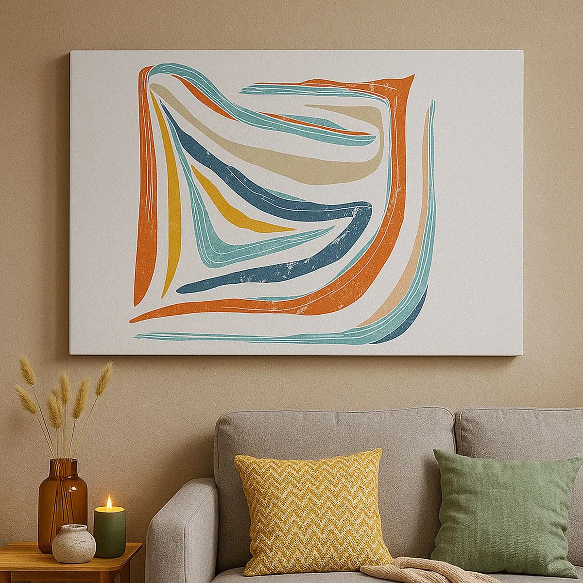 Canvastavla - Bild på duk - Färgglada, dynamiska linjer i nyanser av blått, orange och beige - 70x50cm - Vänligt leende abstraktion - Modern väggdekoration för vardagsrum och sovrum ARTTOR