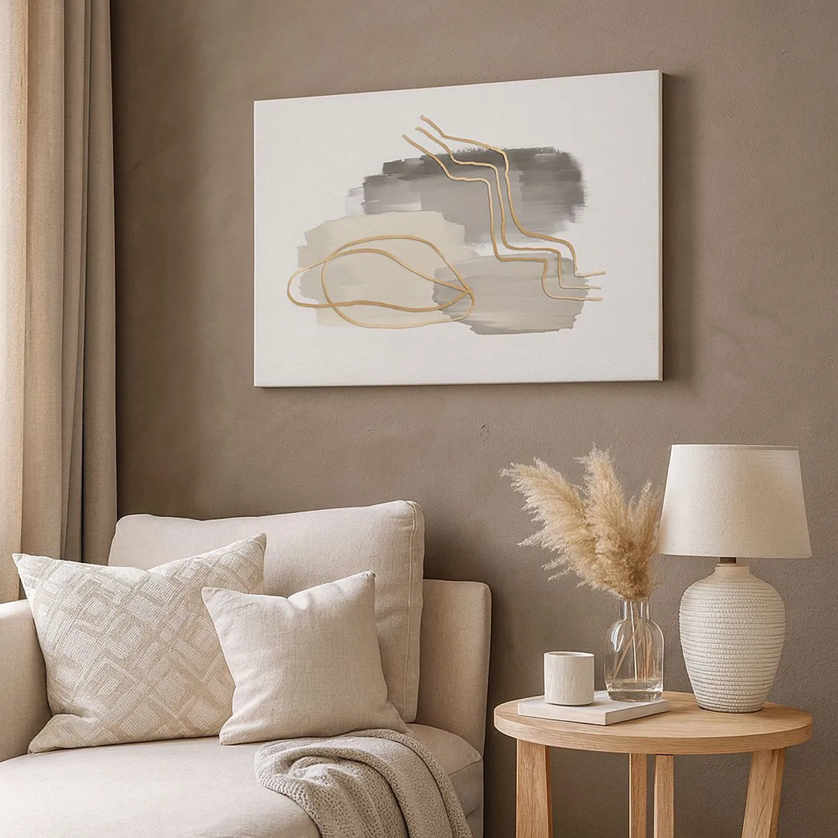 Canvastavla - Bild på duk - Abstrakta gyllene linjer på en grå bakgrund - 70x50cm - Varaktighet och rörelse - Modern väggdekoration för vardagsrum och sovrum ARTTOR