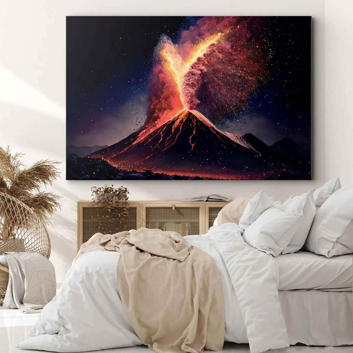 Canvastavla - Bild på duk - Ett unikt vulkanutbrott på natten med dynamiska färger. - 70x50cm - Skönhet och skräck - Modern väggdekoration för vardagsrum och sovrum ARTTOR