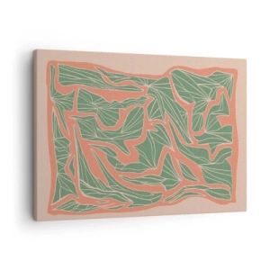 Canvastavla - Bild på duk - Ett växtmönster i nyanser av grönt och orange - 70x50cm - En kamp mellan korall och grönt - Modern väggdekoration för vardagsrum och sovrum ARTTOR