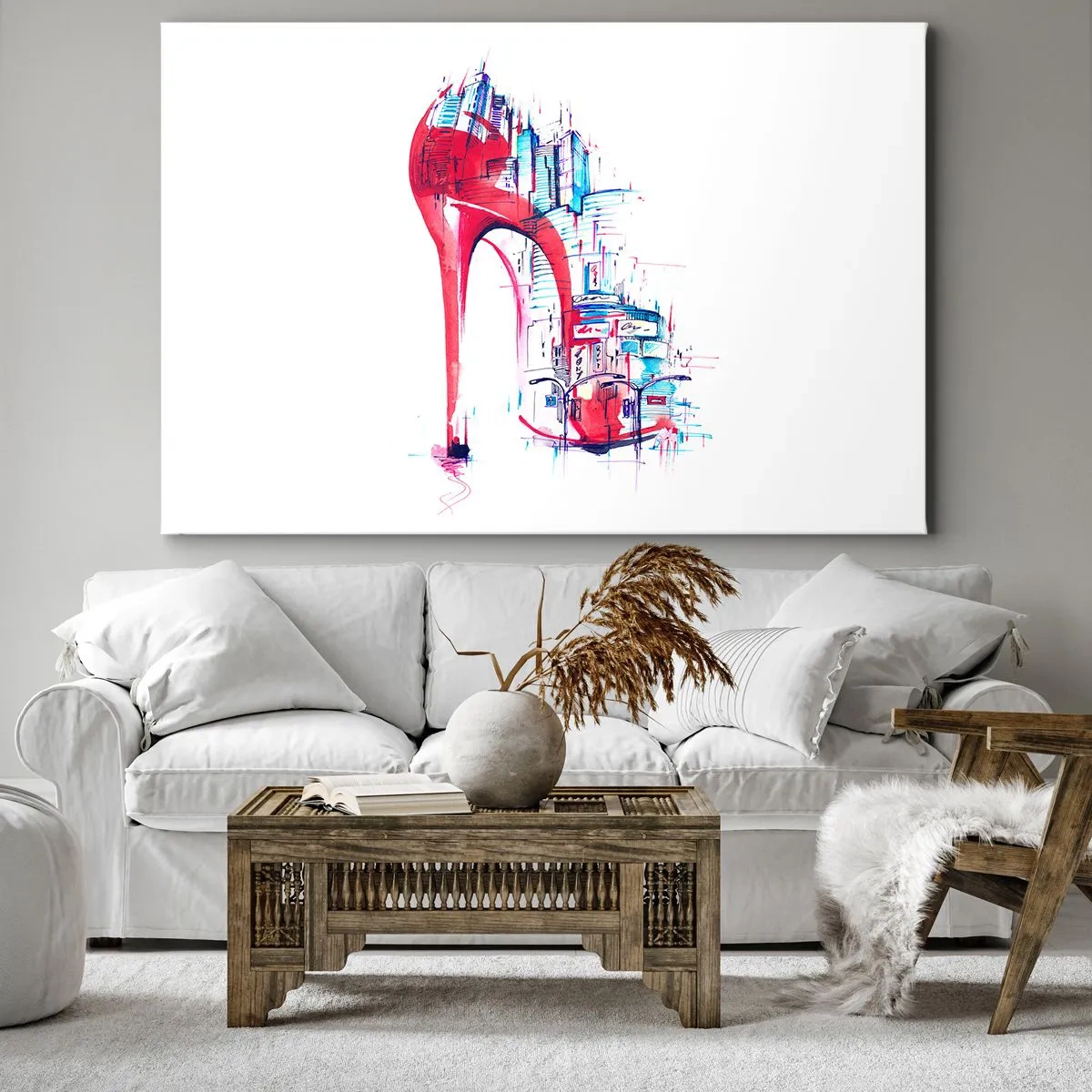 Canvastavla - Bild på duk - Abstrakt röd stilettklack med urbana detaljer - 70x50cm - Storstadselegant - Modern väggdekoration för vardagsrum och sovrum ARTTOR