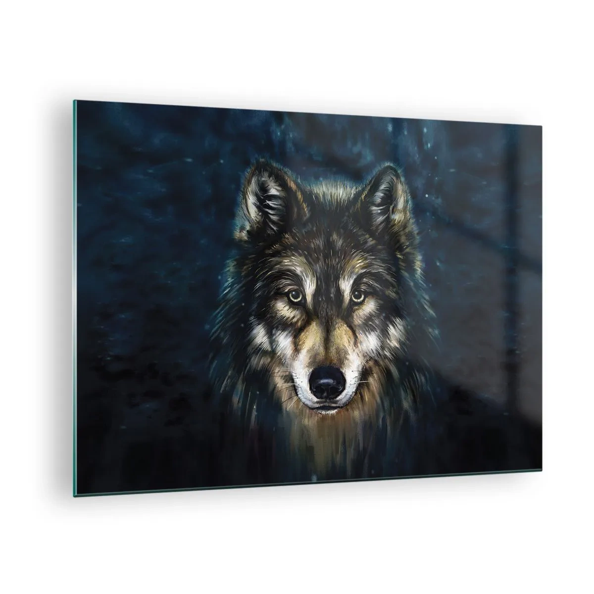 Glastavla - Bild på glas - En varg mot en mörk skogsbakgrund i realistisk stil. - 70x50cm - Alfa? Och omega - Modern väggdekoration för vardagsrum och sovrum ARTTOR