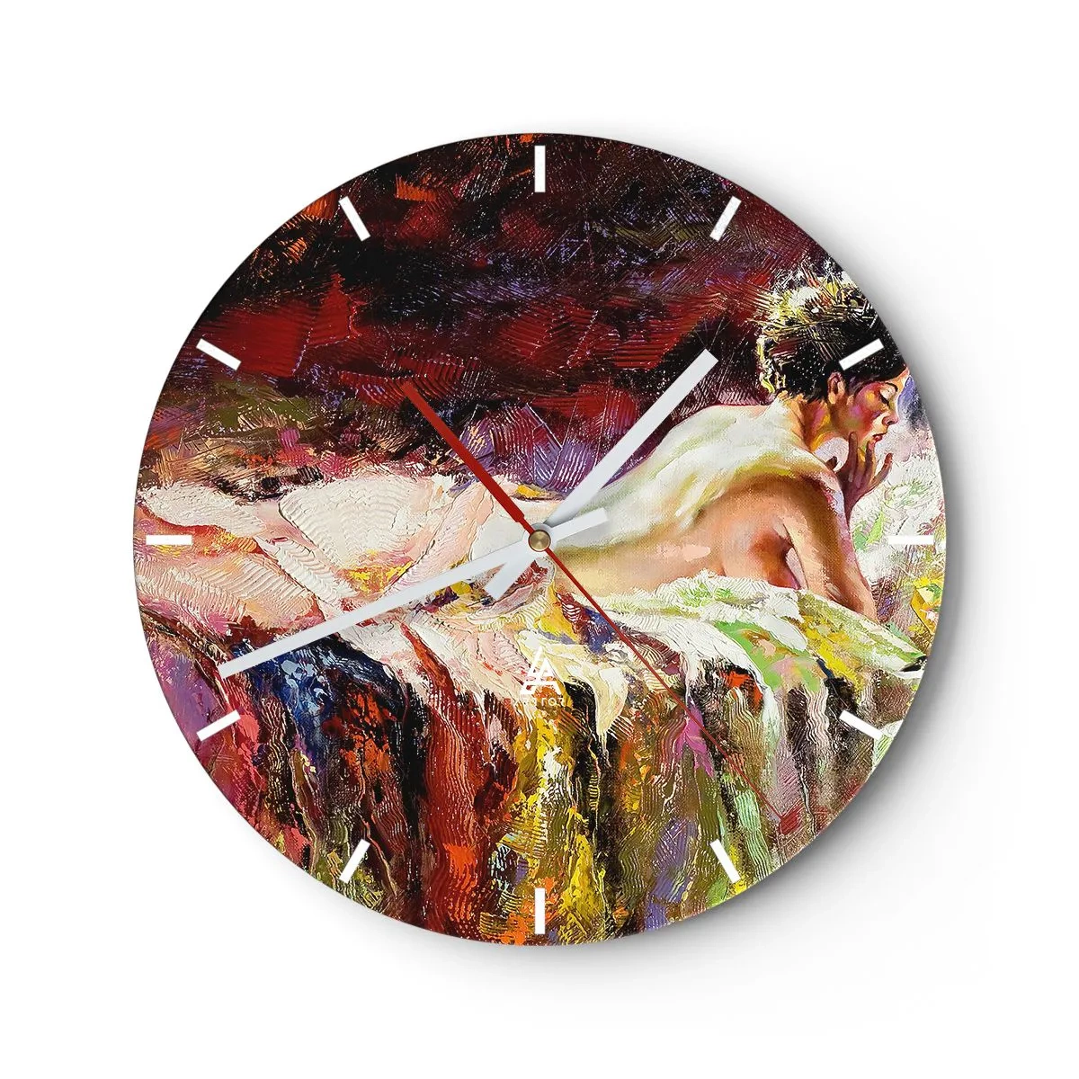Väggklocka - Klocka på glas - En konstnärlig representation av en liggande figur mot en färgglad abstrakt bakgrund. - 30x30cm - Venus försänkt i sina tankar - Modern väggdekoration för vardagsrum, kök och sovrum ARTTOR