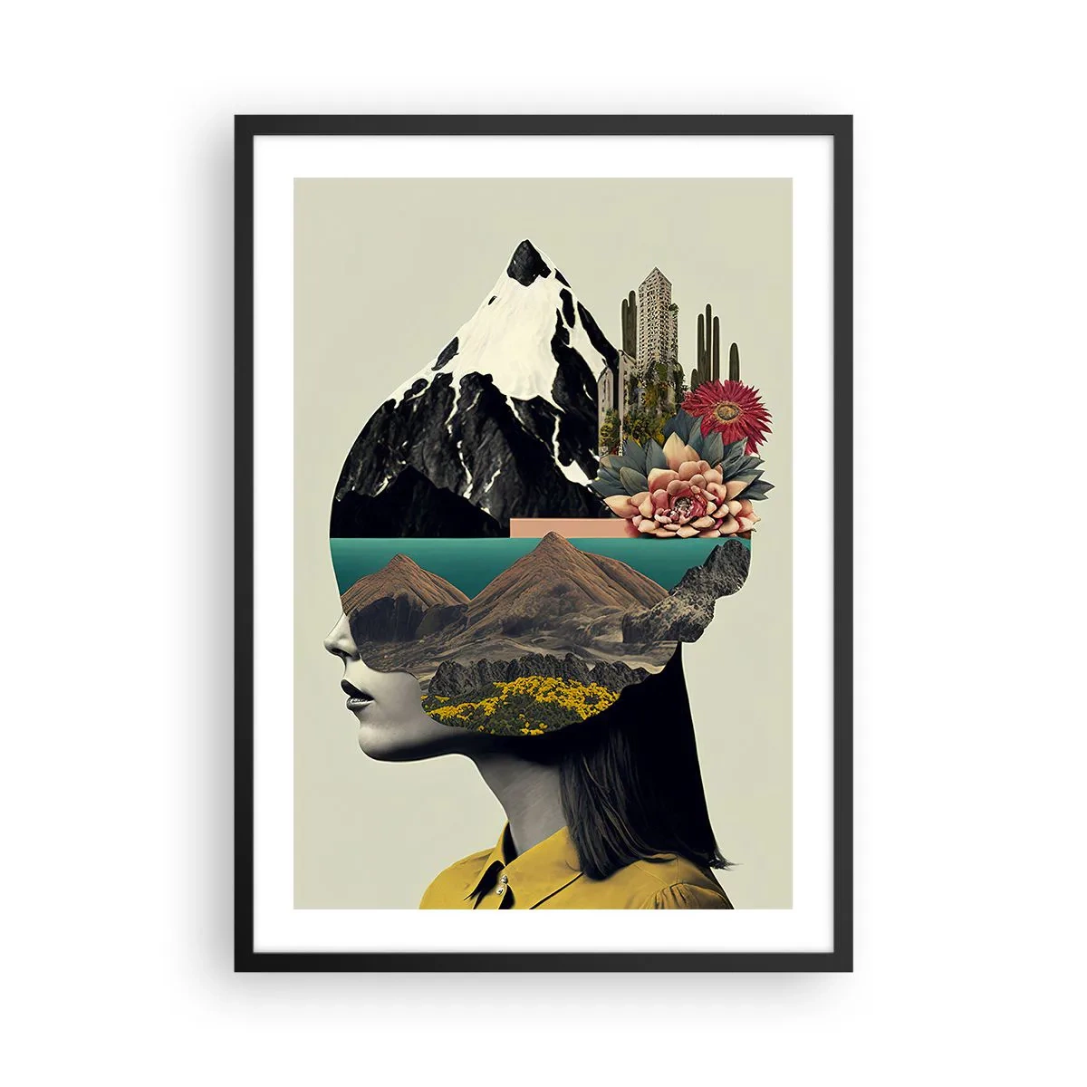 Affisch i svart ram - En kvinna med ett surrealistiskt landskap i huvudet - 50x70cm - Kvinnan - alltid ett mysterium - Modern väggdekoration för vardagsrum och sovrum ARTTOR