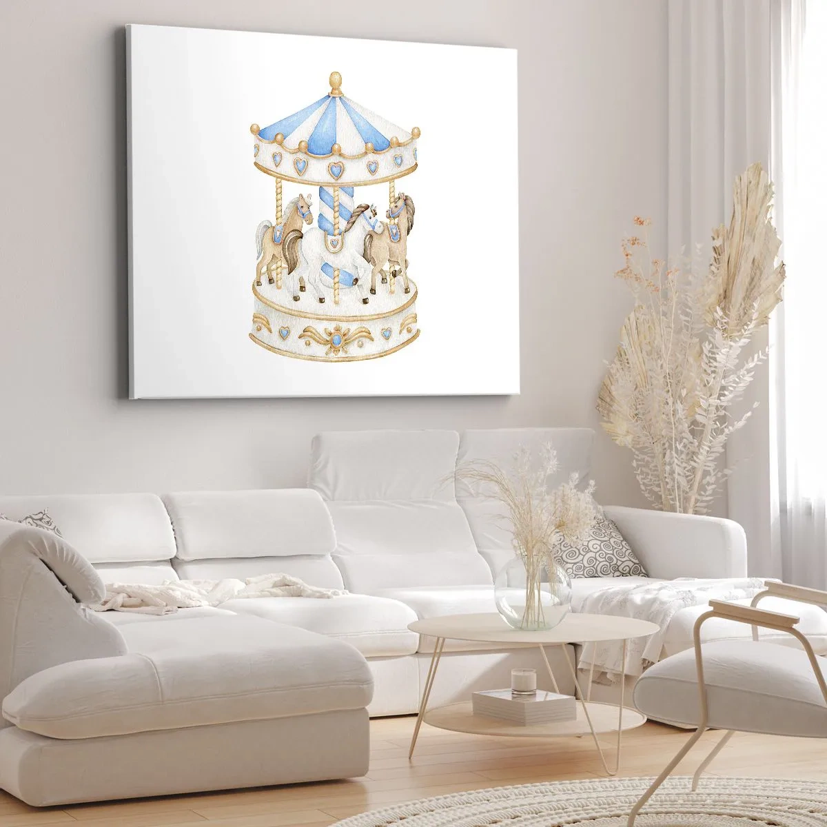 Canvastavla - Bild på duk - En karusell i pastellfärger på vit bakgrund - 70x50cm - En ljuvlig barndom - Modern väggdekoration för vardagsrum och sovrum ARTTOR