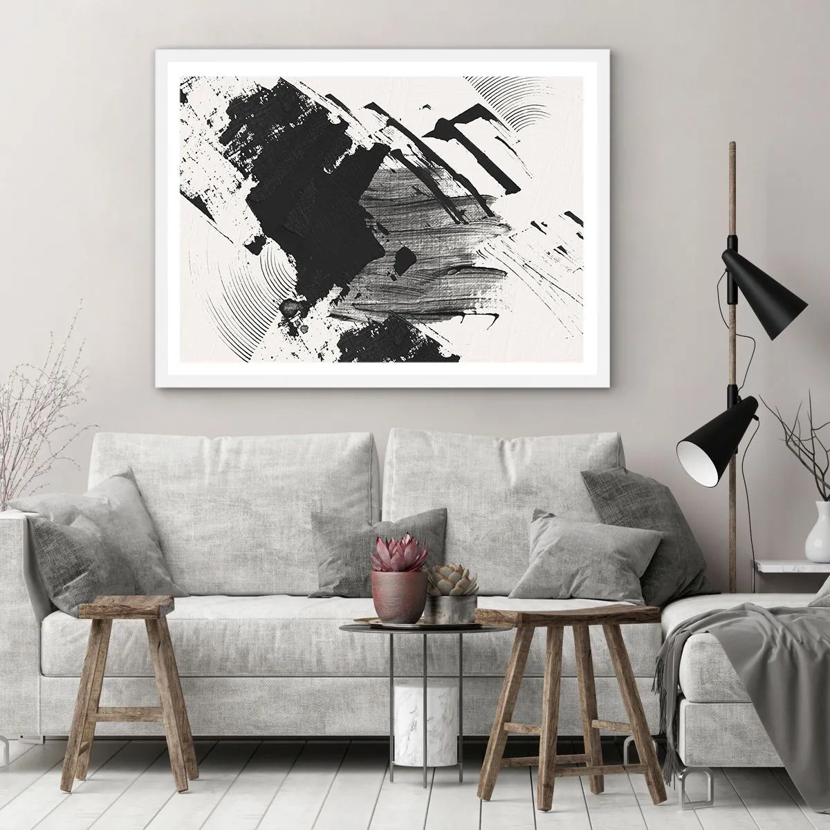 Affisch i vit ram - Abstraktion - uttrycket av svart - 91x61 cm
