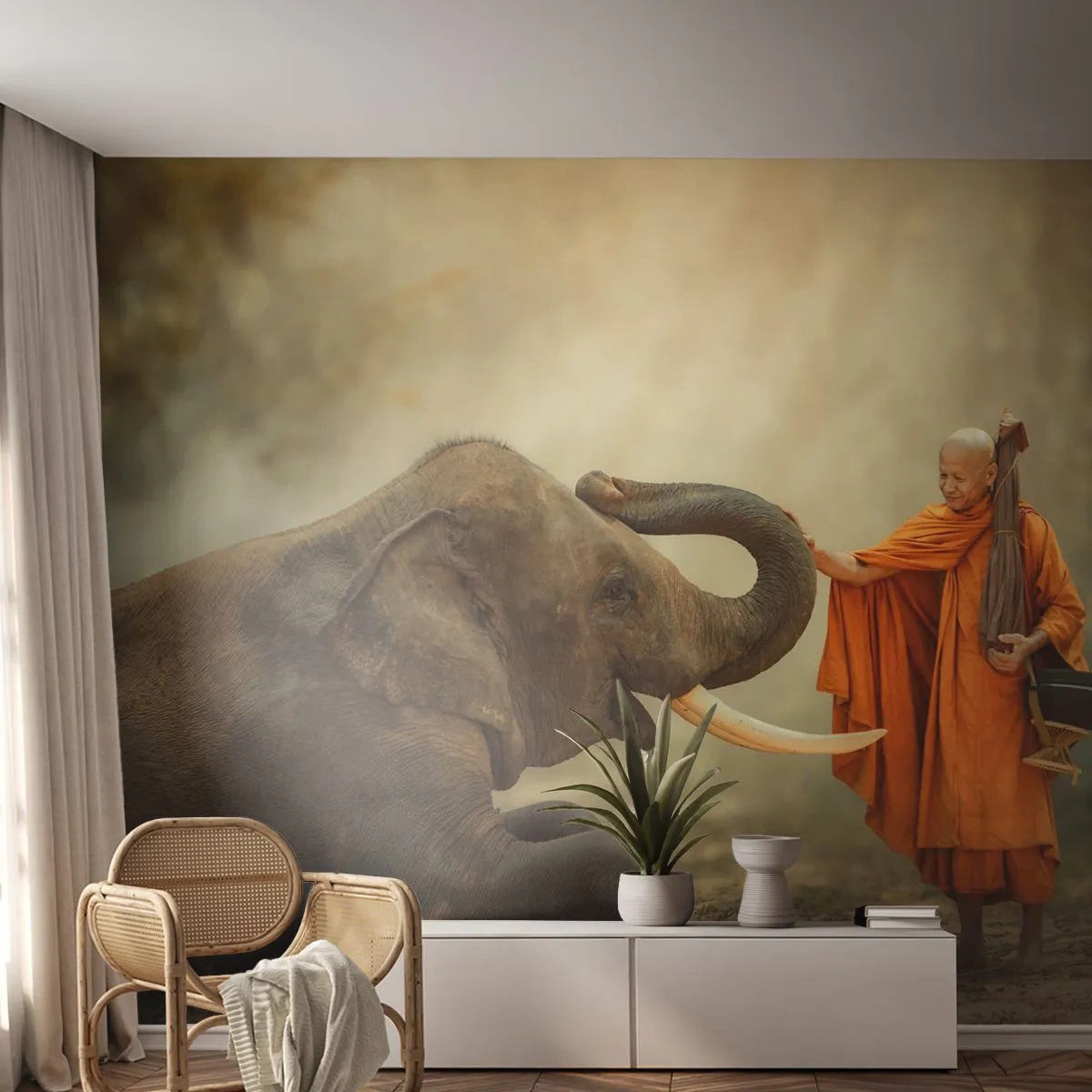 Självhäftande Fototapet Deluxe Sticker - Ett möte under resan - Asien, Elefant, Munk - 250x175 cm