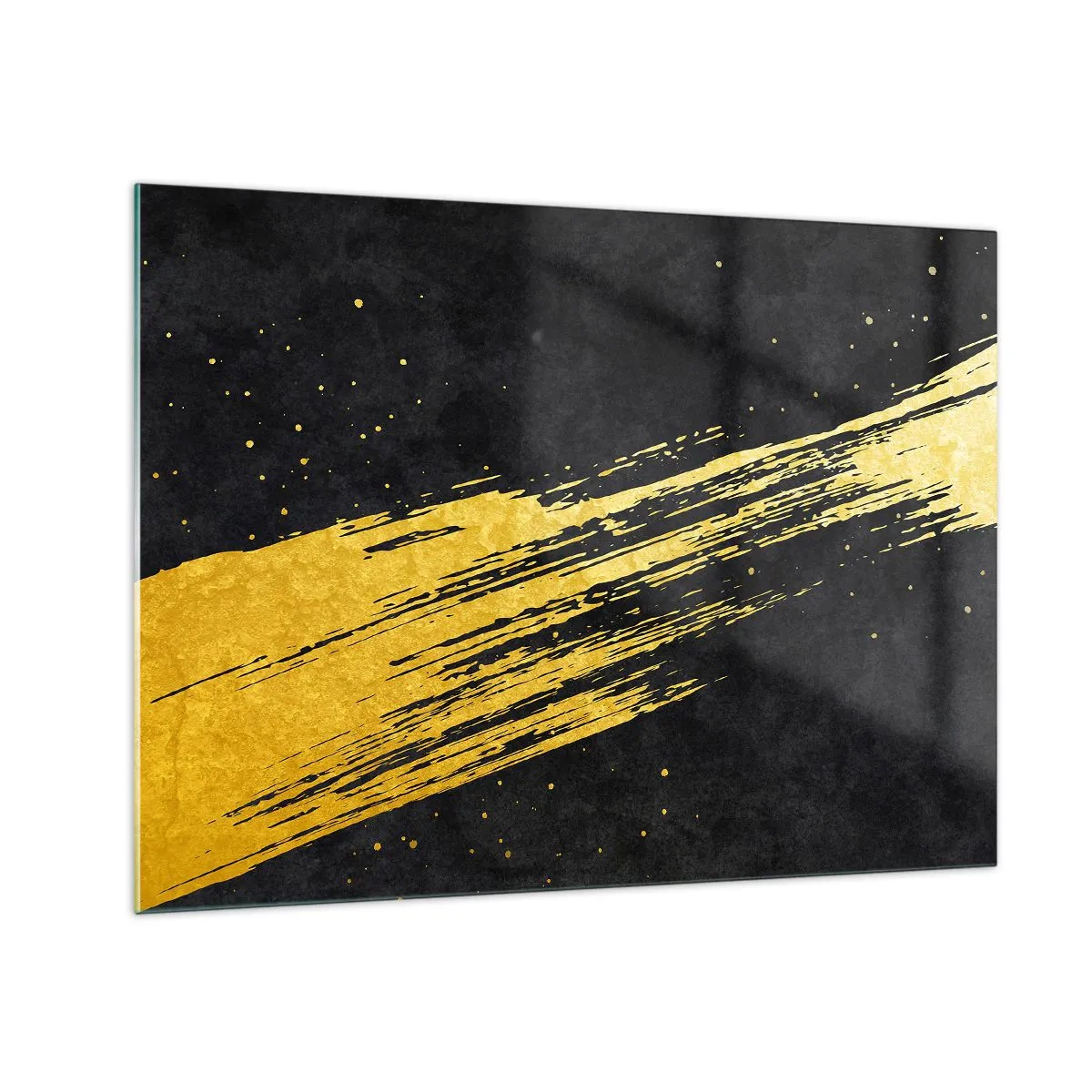 Glastavla - Bild på glas - En gyllene pensel på svart bakgrund i dynamisk, abstrakt form - 70x50cm - Hoppa in i hyperrymden - Modern väggdekoration för vardagsrum och sovrum ARTTOR