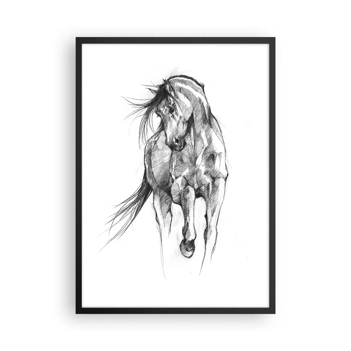 Affisch i svart ram - Skiss av en häst i dynamisk pose - 50x70cm - Elegant trav - Modern väggdekoration för vardagsrum och sovrum ARTTOR