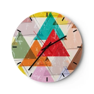 Väggklocka - Klocka på glas - Färgglada trianglar i geometrisk stil med åldrad effekt - 30x30cm - Tre gånger tre - Modern väggdekoration för vardagsrum, kök och sovrum ARTTOR