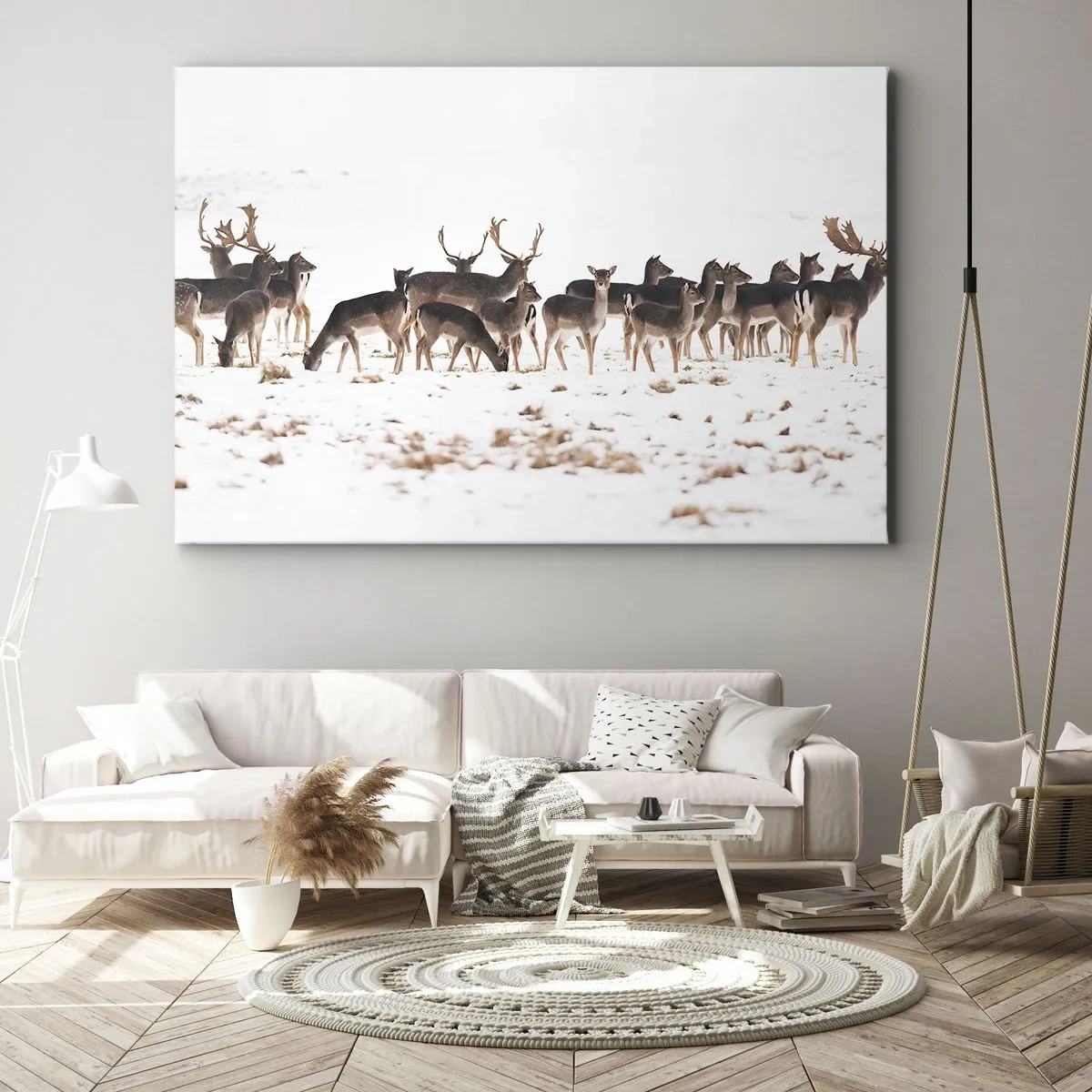 Canvastavla - Bild på duk - En hjortflock mot en snöig bakgrund - 70x50cm - Julen är på väg? - Modern väggdekoration för vardagsrum och sovrum ARTTOR