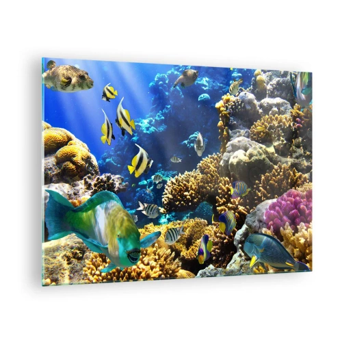 Glastavla - Bild på glas - Korallrev med färgglada fiskar och undervattensljus - 70x50cm - Hög trafik på sommarleden - Modern väggdekoration för vardagsrum och sovrum ARTTOR