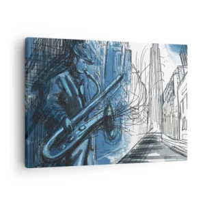 Canvastavla - Bild på duk - En figur som spelar saxofon mot bakgrund av en stad - 70x50cm - Stadsrapsodi - Modern väggdekoration för vardagsrum och sovrum ARTTOR