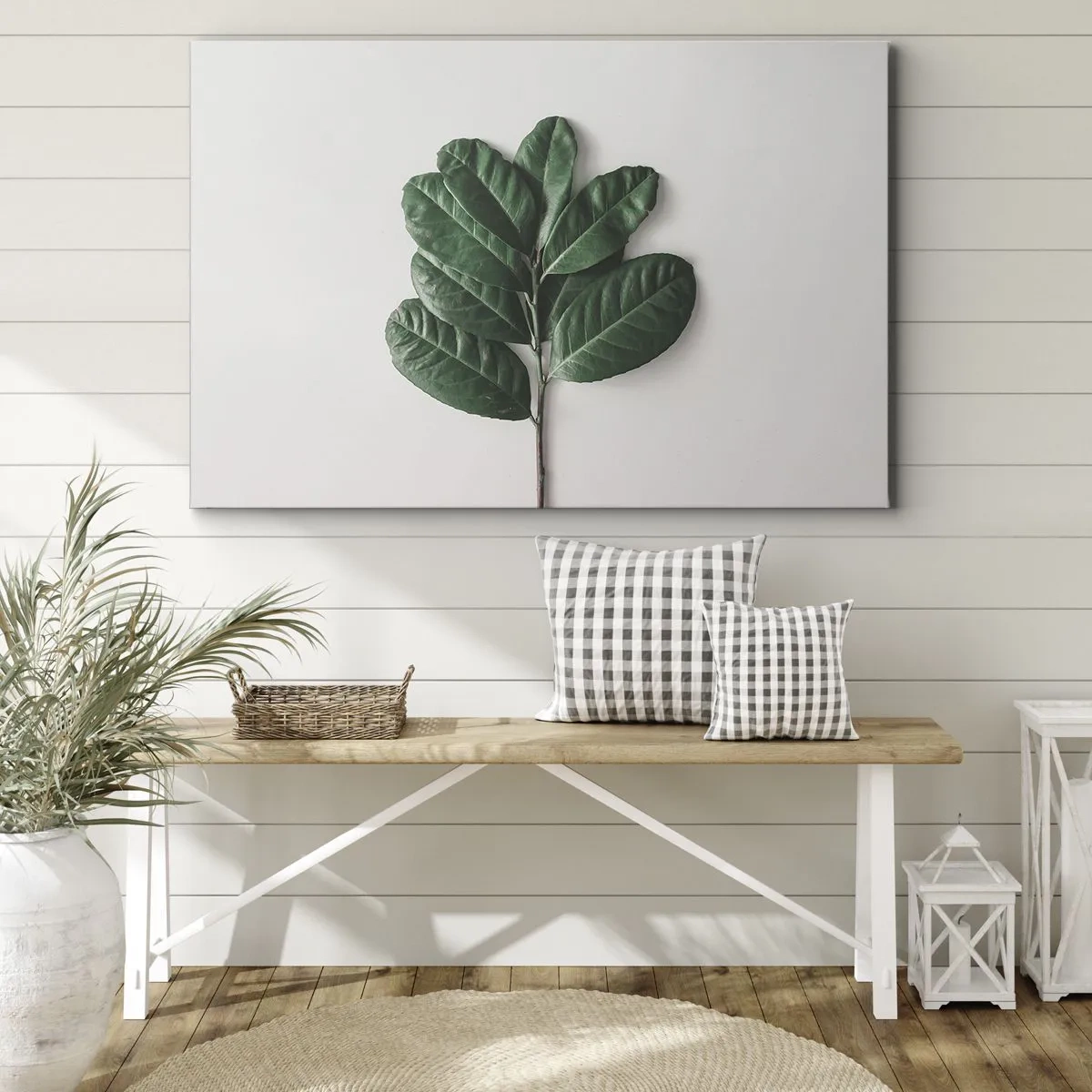 Canvastavla - Bild på duk - En kvist gröna blad på en ljus bakgrund - 70x50cm - Själva naturens bild - Modern väggdekoration för vardagsrum och sovrum ARTTOR
