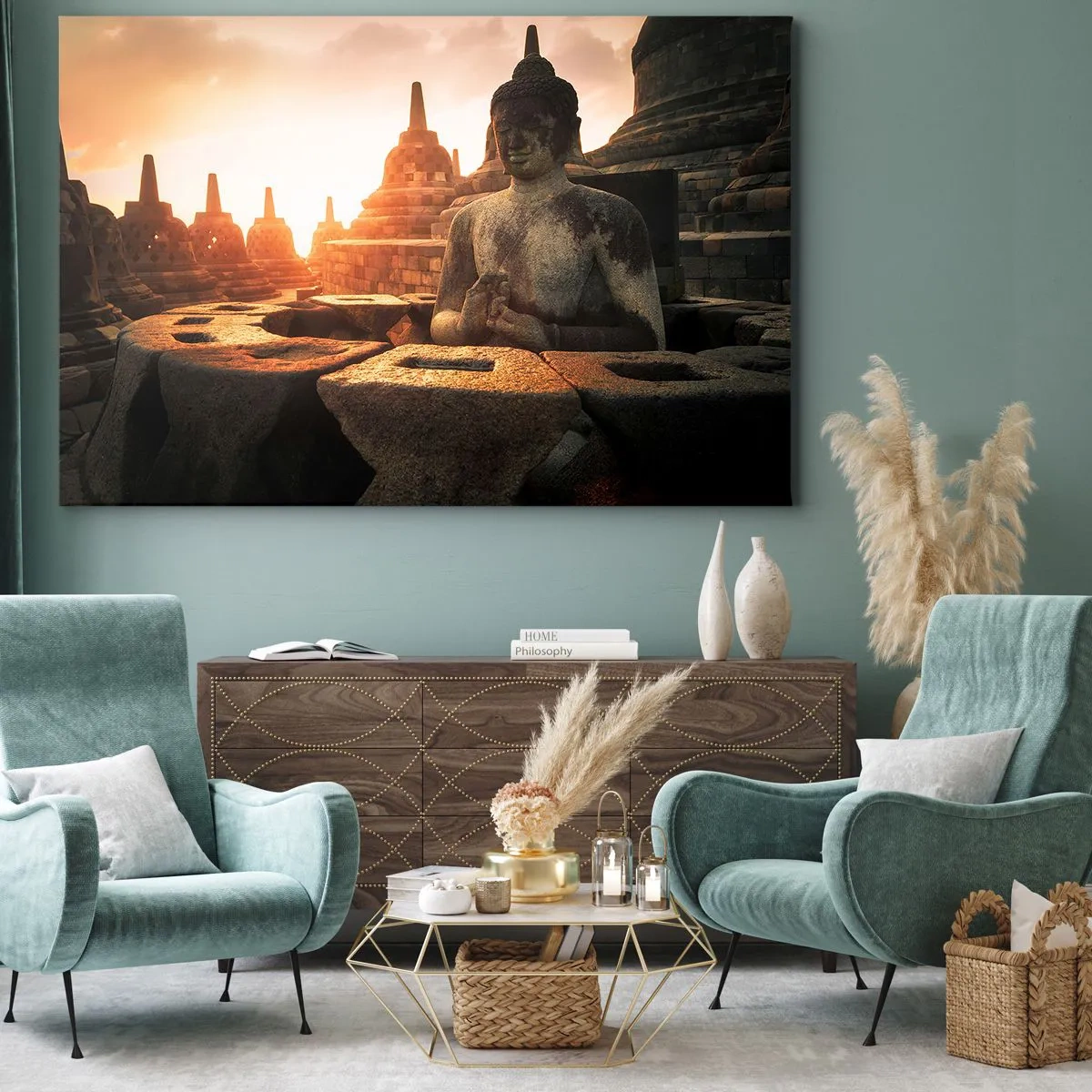 Canvastavla - Bild på duk - Buddhastaty vid Borobudur-templet vid solnedgången - 70x50cm - Stora visdomens väder - Modern väggdekoration för vardagsrum och sovrum ARTTOR
