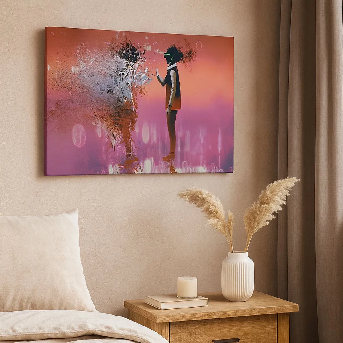 Canvastavla - Bild på duk - En abstrakt scen med en futuristisk figur och spridda element. - 70x50cm - Kan man titta in i sig själv? - Modern väggdekoration för vardagsrum och sovrum ARTTOR