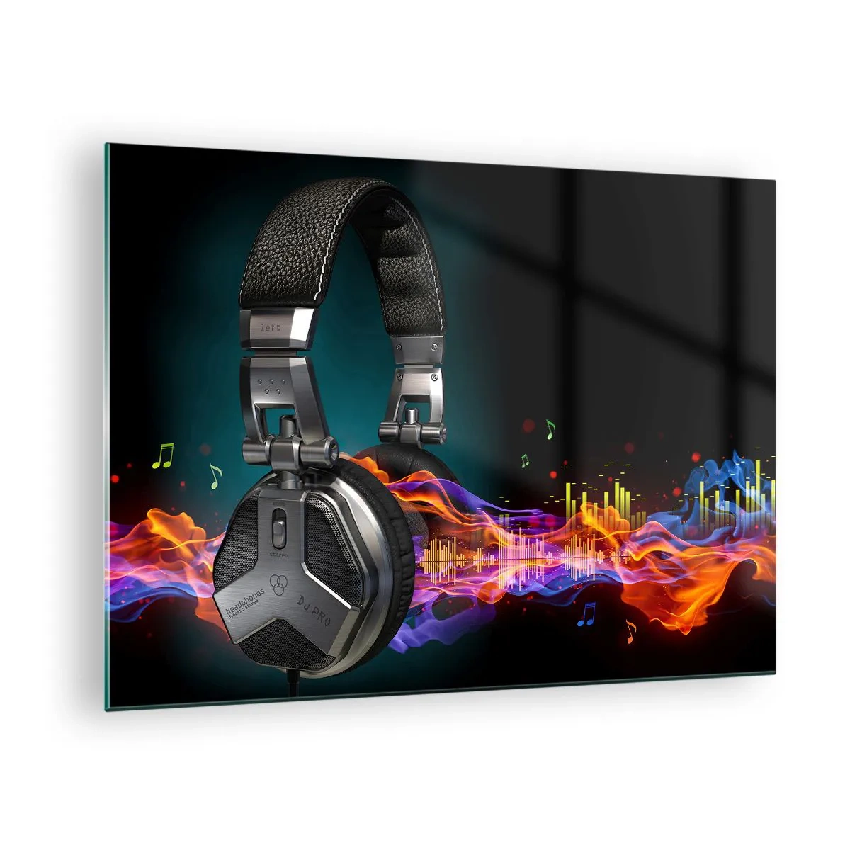 Glastavla - Bild på glas - DJ-hörlurar med färgglada ljudvågor och musiknoter - 70x50cm - I musikens eld - Modern väggdekoration för vardagsrum och sovrum ARTTOR