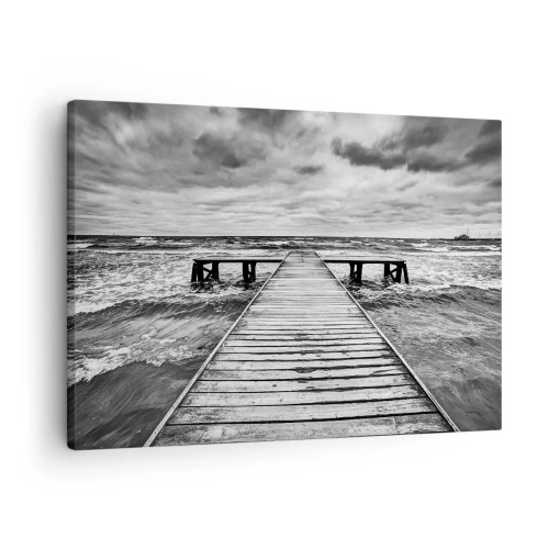 Canvastavla - Bild på duk - En svartvit vy av en träbrygga över ett stormigt hav. - 70x50cm - Jag väntar på vind som blåser bort... - Modern väggdekoration för vardagsrum och sovrum ARTTOR