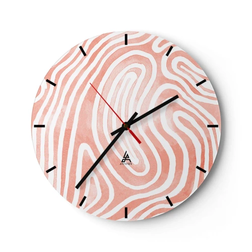 Väggklocka - Klocka på glas - Abstrakt mönster som liknar fingeravtryck i rosa - 30x30cm - I en labyrint av koraller - Modern väggdekoration för vardagsrum, kök och sovrum ARTTOR
