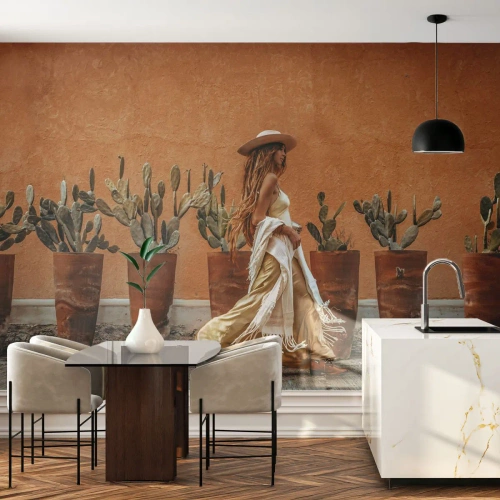 Självhäftande Fototapet Deluxe Sticker - I hippiestil - Boho, Kvinna, Kaktusar - 100x70 cm