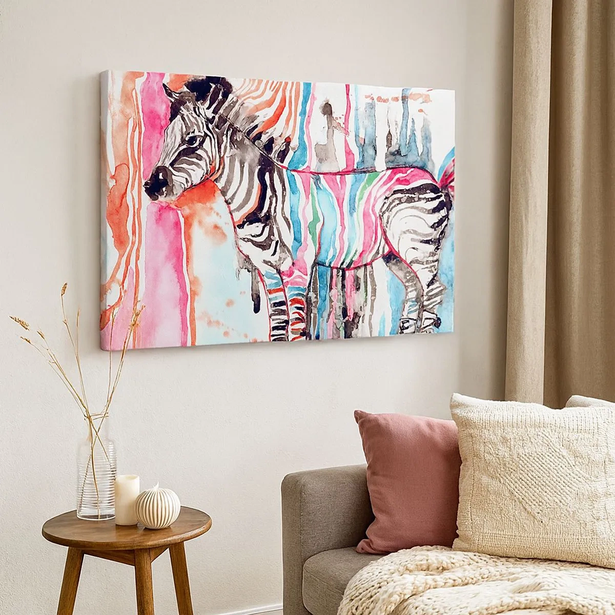 Canvastavla - Bild på duk - En färgglad zebra mot en bakgrund av abstrakta akvarellmönster - 70x50cm - Naturens bekymmerslösa skämt - Modern väggdekoration för vardagsrum och sovrum ARTTOR