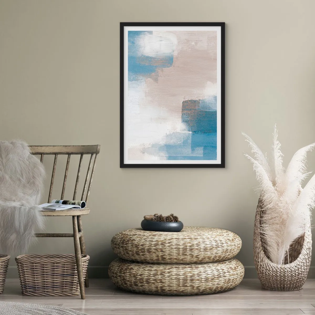 Affisch i svart ram - Abstrakt komposition i nyanser av blått och beige - 50x70cm - Rosa abstraktion bakom en blå slöja - Modern väggdekoration för vardagsrum och sovrum ARTTOR