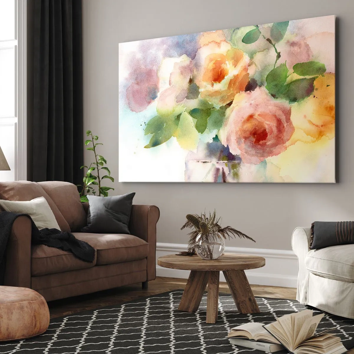 Canvastavla - Bild på duk - Fina rosor i akvarellstil mot en ljus bakgrund - 70x50cm - Delikat som en akvarell - Modern väggdekoration för vardagsrum och sovrum ARTTOR