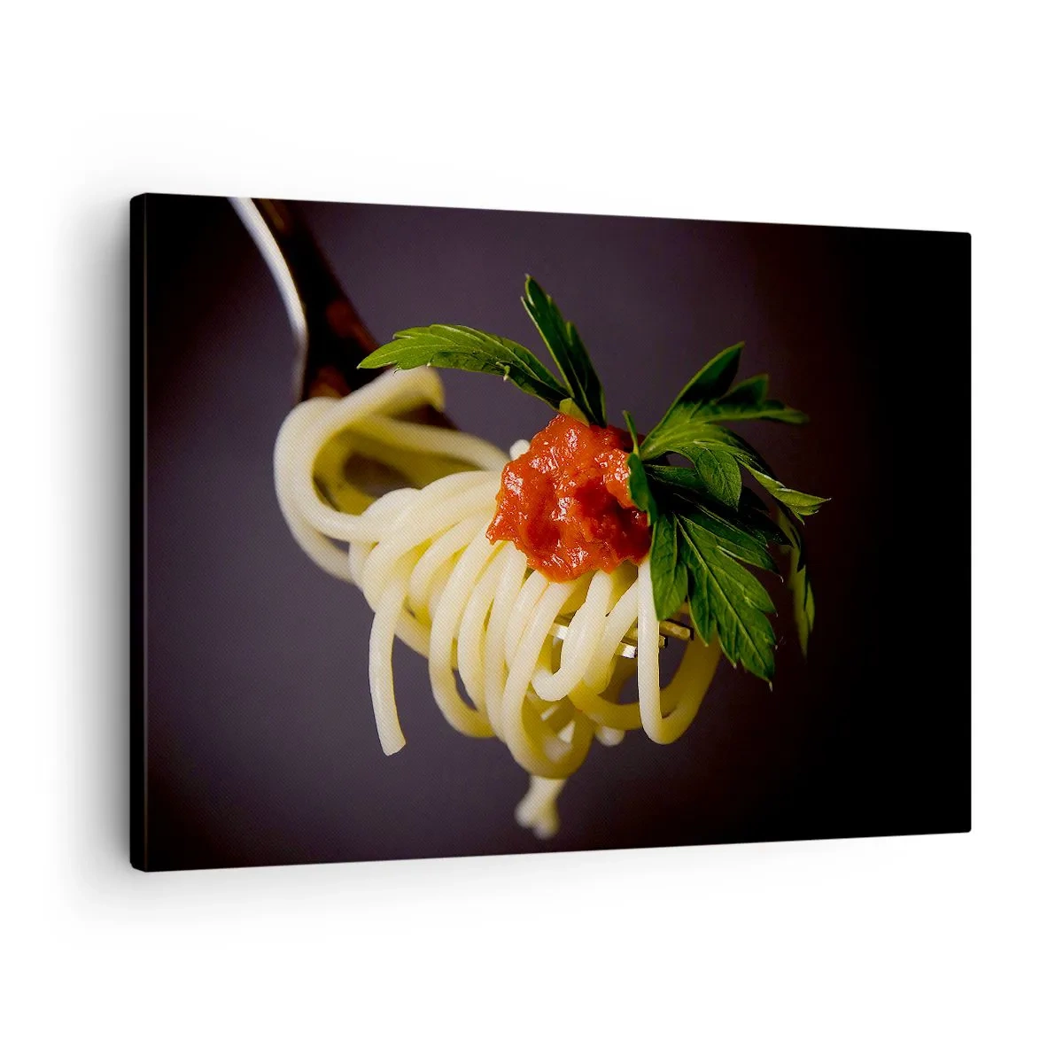Canvastavla - Bild på duk - Spaghetti på en gaffel med tomatsås och persilja - 70x50cm - Gobit - Modern väggdekoration för vardagsrum och sovrum ARTTOR