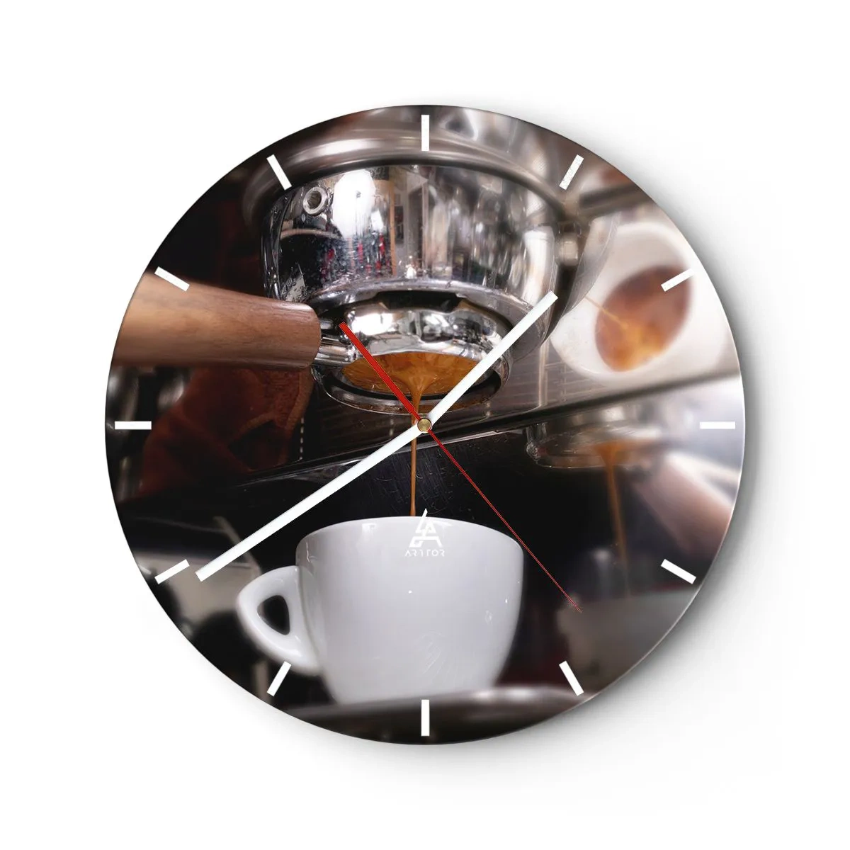 Väggklocka - Klocka på glas - Närbild av en kaffemaskin med en kopp espresso - 30x30cm - En bra stund på dagen - Modern väggdekoration för vardagsrum, kök och sovrum ARTTOR