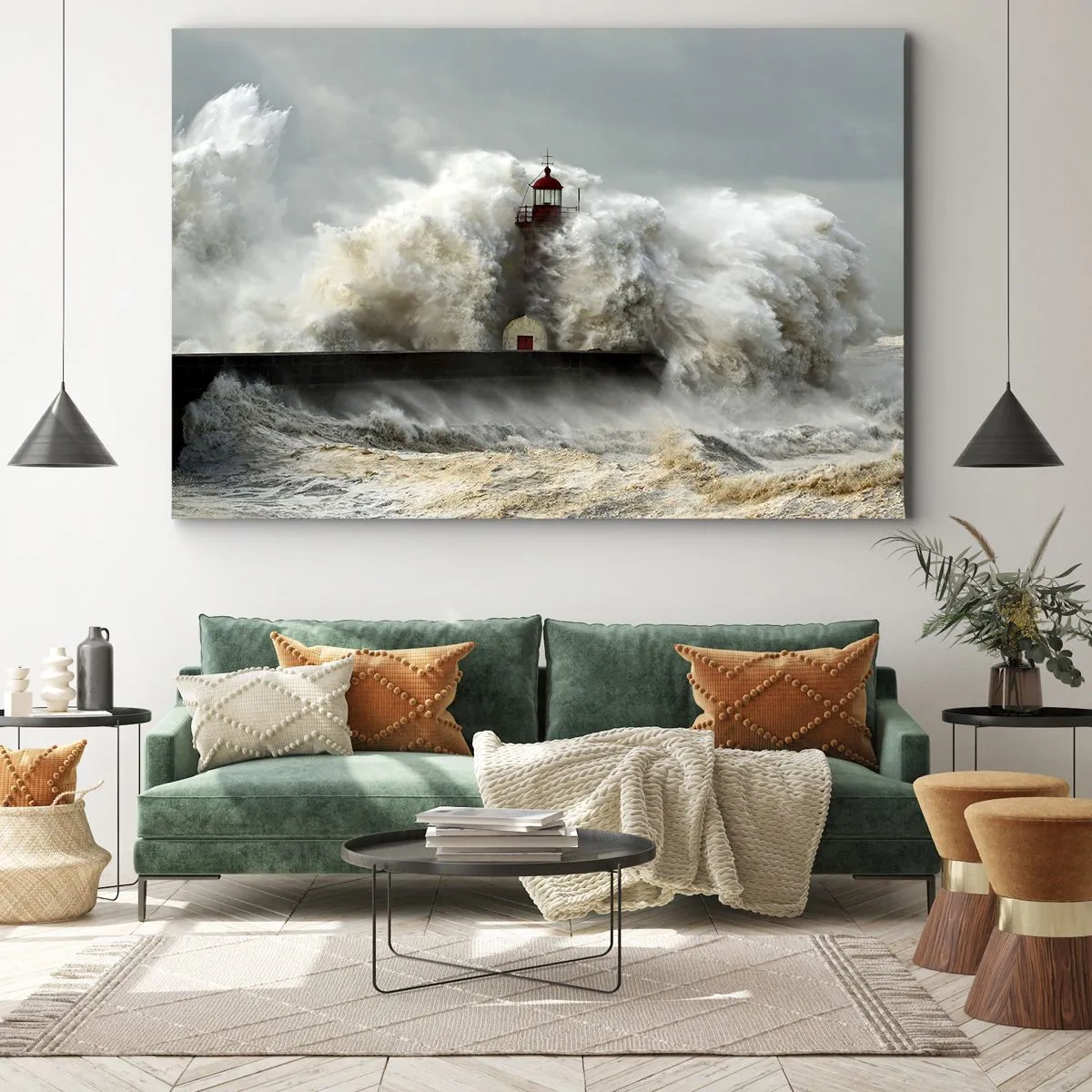 Canvastavla - Bild på duk - En fyr omgiven av grova vågor under en storm - 70x50cm - Havets ilska - Modern väggdekoration för vardagsrum och sovrum ARTTOR