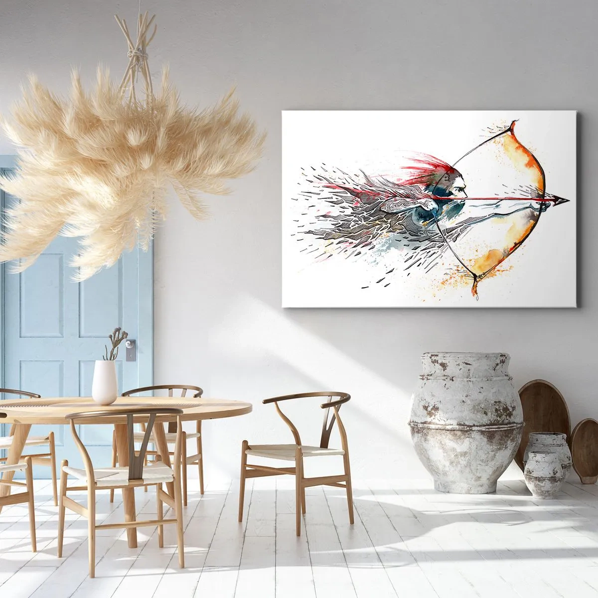 Canvastavla - Bild på duk - Dynamisk akvarellmålning av en krigare med pil och båge - 70x50cm - Mytomspunnen kämpe med brinnande båge - Modern väggdekoration för vardagsrum och sovrum ARTTOR
