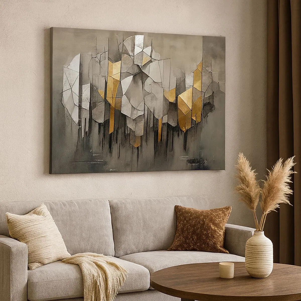 Canvastavla - Bild på duk - Geometrisk abstraktion i nyanser av guld och grått - 70x50cm - Komposition av is och ljus - Modern väggdekoration för vardagsrum och sovrum ARTTOR