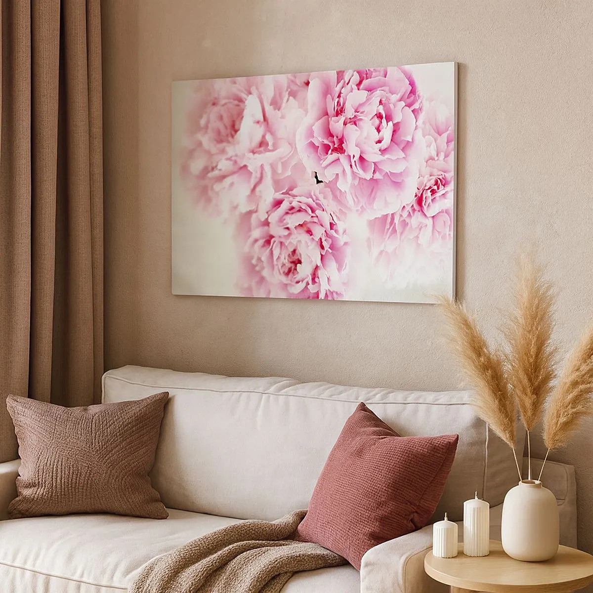 Canvastavla - Bild på duk - En bukett rosa pioner på en ljus bakgrund - 70x50cm - Rosa prakt - Modern väggdekoration för vardagsrum och sovrum ARTTOR