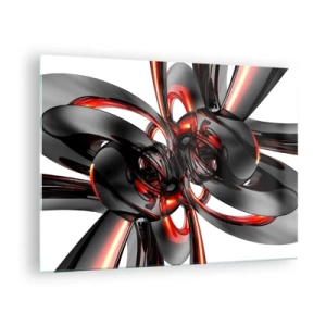 Glastavla - Bild på glas - Modern abstraktion i svart och rött - 70x50cm - Rörelse i grafit och röd - Modern väggdekoration för vardagsrum och sovrum ARTTOR
