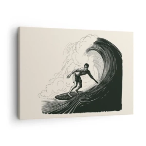 Canvastavla - Bild på duk - Svartvit bild av en surfare som rider på en våg - 70x50cm - Vågens kung - Modern väggdekoration för vardagsrum och sovrum ARTTOR