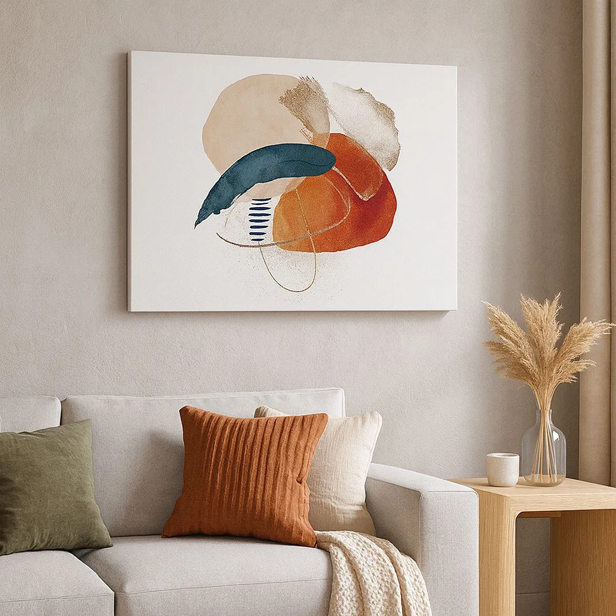 Canvastavla - Bild på duk - En abstrakt komposition med prickar i jordnära och marinblå nyanser. - 70x50cm - Oval komposition - Modern väggdekoration för vardagsrum och sovrum ARTTOR