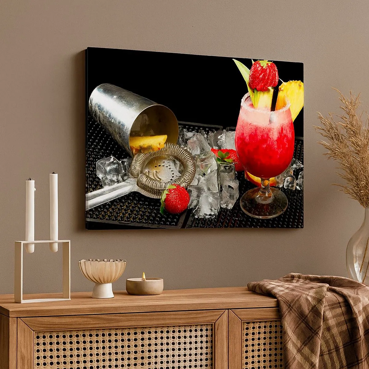 Canvastavla - Bild på duk - En färgglad cocktail med jordgubbar, is och ananas - 70x50cm - Trolla fram smaken - Modern väggdekoration för vardagsrum och sovrum ARTTOR